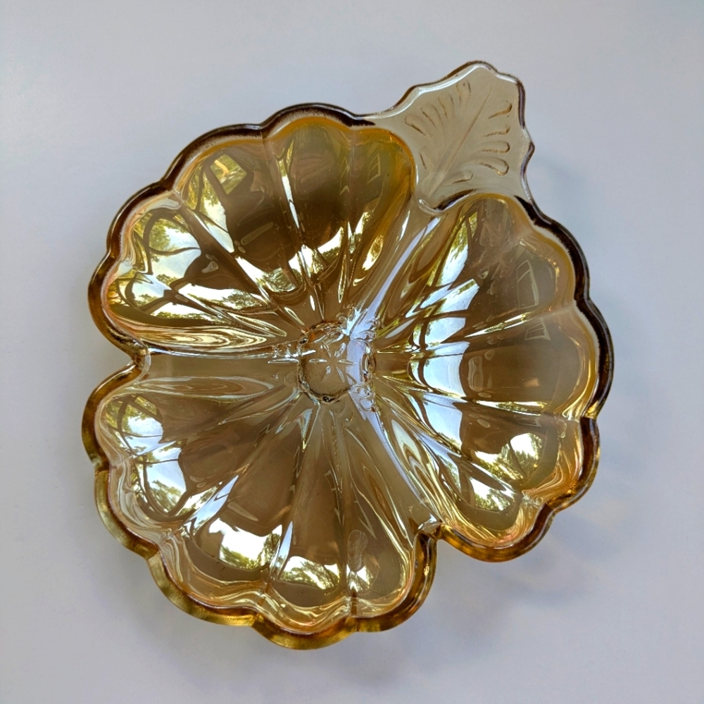 Vintage Jeanette Marigold Carnival Glass Three Part Snack Plate Relish Dish